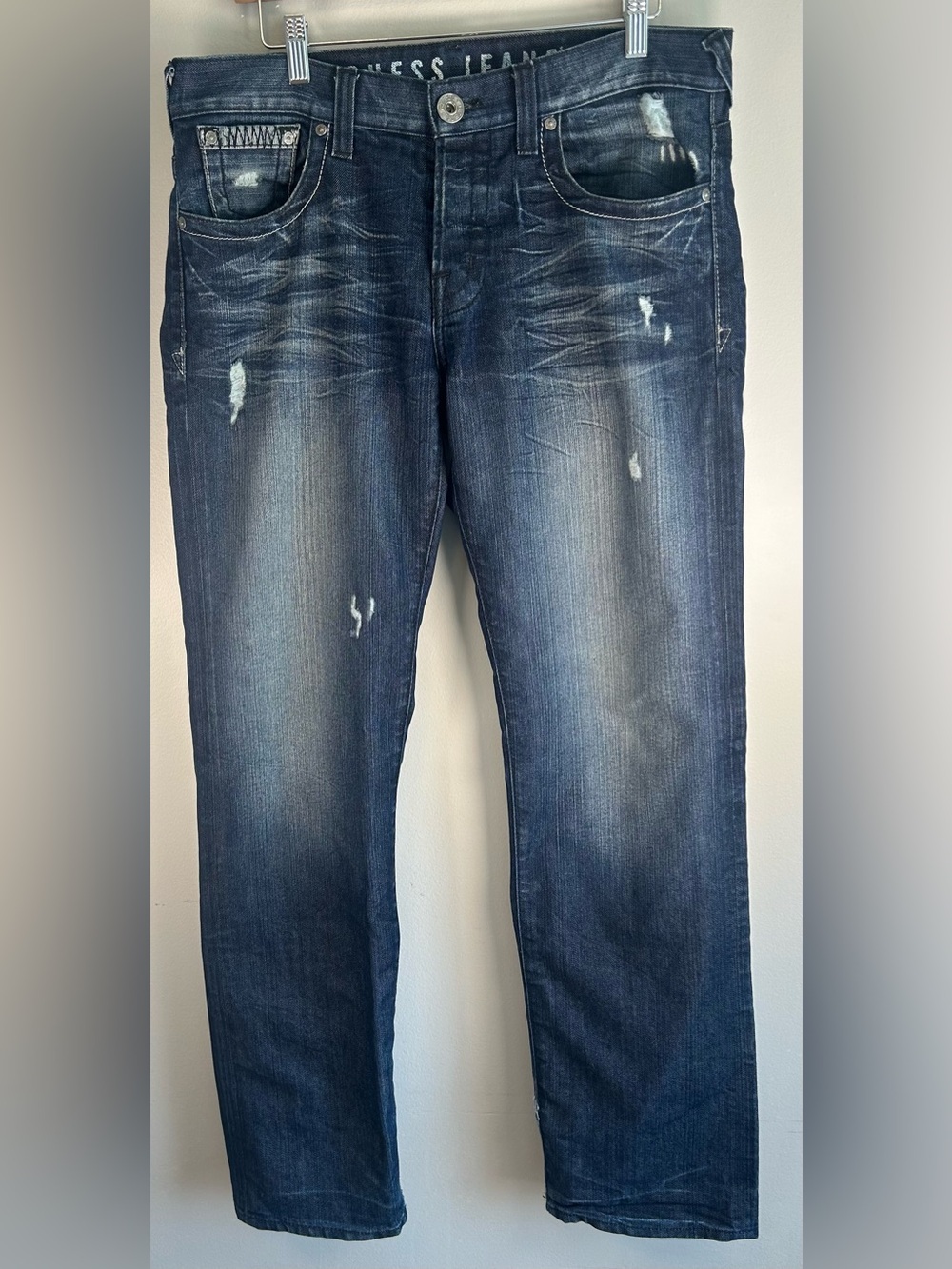 Guess Rebel Straight Leg Men's Jeans Size 33X34 Button-Fly Distressed Dark Wash